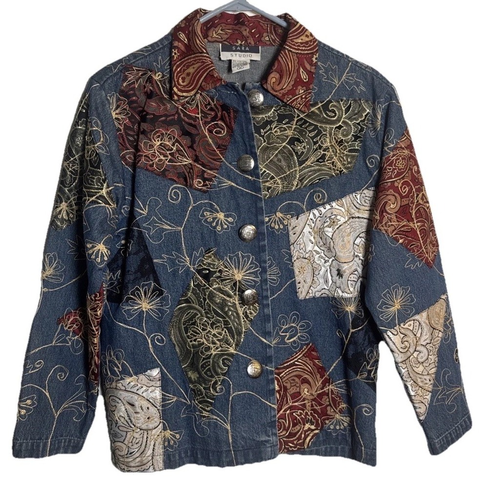 Vintage Sara Studio Denim Jacket M‎ Boho Patchwork Embroidered Tapestry